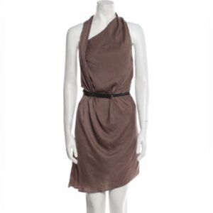 Sz 2 sleeveless Helmut Lang Tan Mini Dress w/waist tie and asymmetric neckline